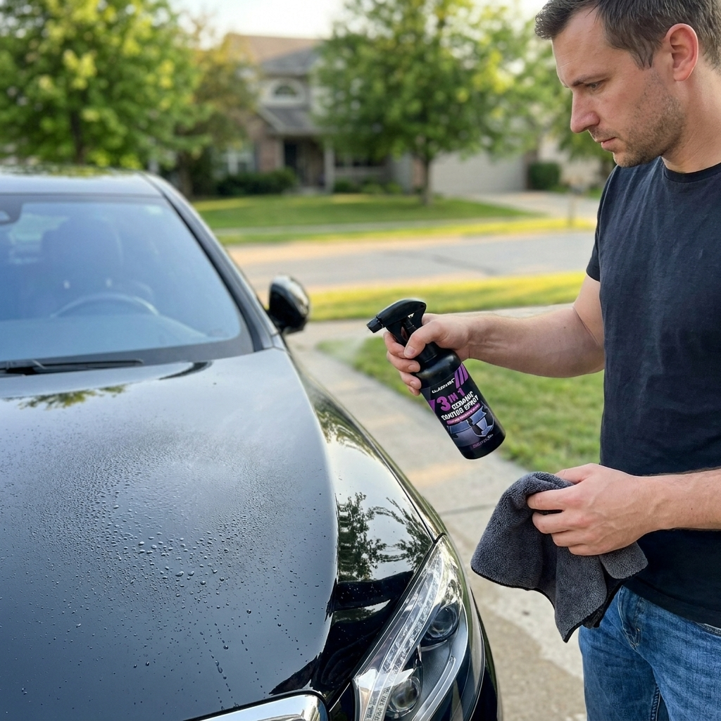 Man applying Klarivex Hydro Shield ceramic coating on luxury car